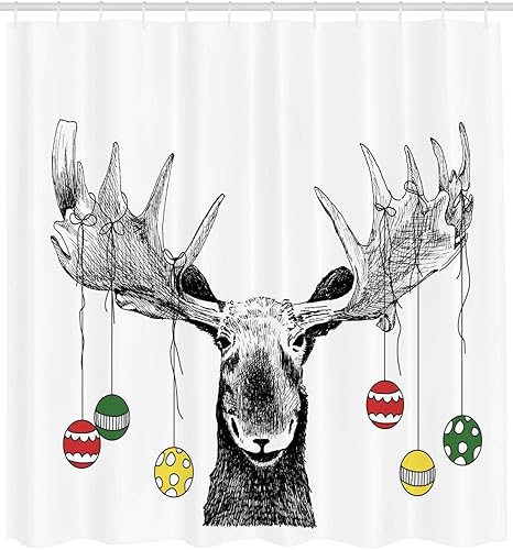 Miniatura 2 de Ambesonne Cortina de ducha de Navidad, alce de Navidad con adornos de Navidad, bolas colgantes de cuernos, divertido arte de noel, juego de