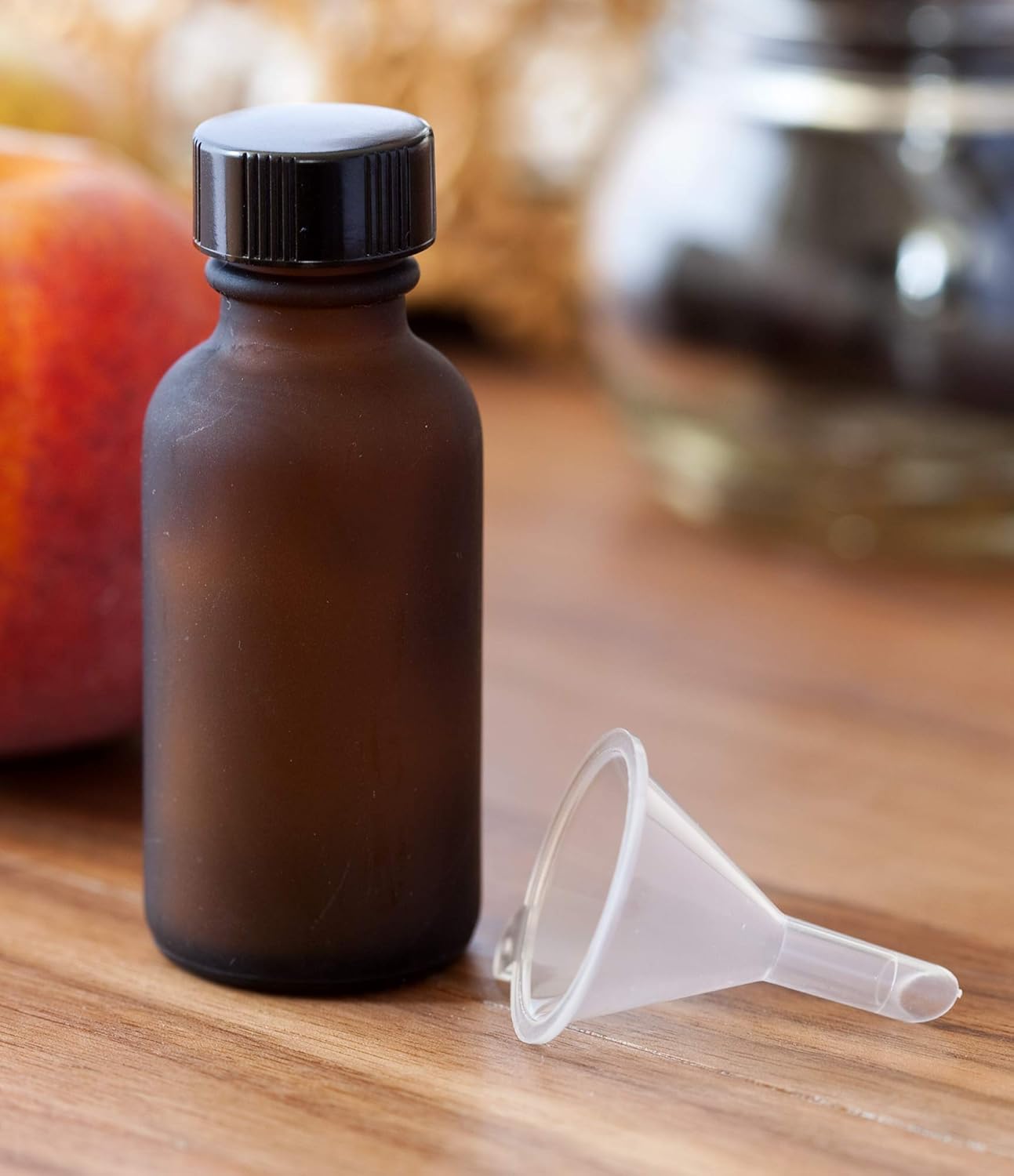 JUVITUS 1 oz / 30 ml Frosted Amber Glass Boston Round Bottle with Airtight Phenolic Cap (24 Pack) + Funnel