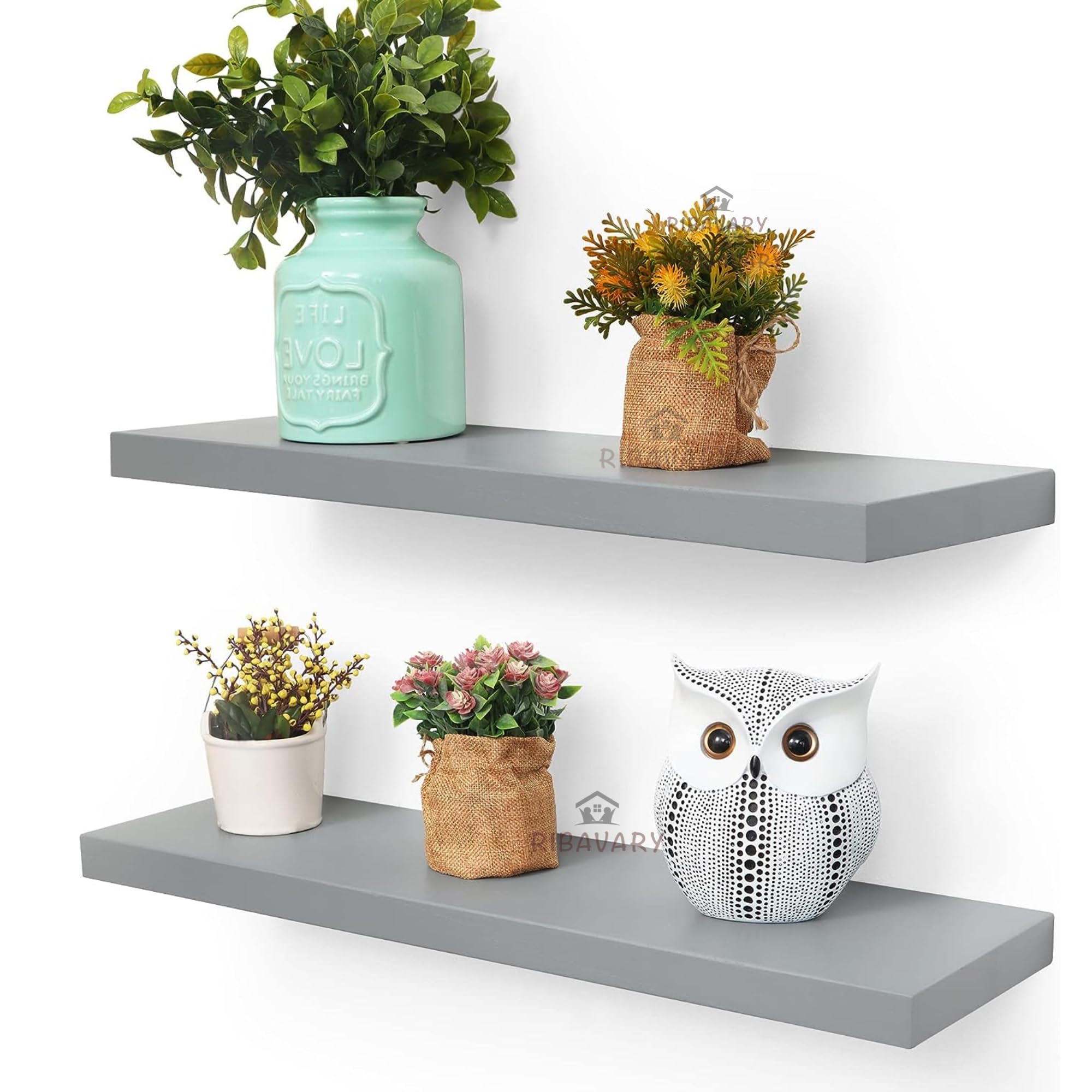 RIBAVARY® Wooden Wall Mounted Floating Shelves, Wall Rack Shelves for Bedroom/Living Room/Bathroom/Kitchen Decor | Wall Brackets for Home Decoraton. Set of 2 (Grey) (B0CF72X82L) Amazon Price History, Amazon Price Tracker