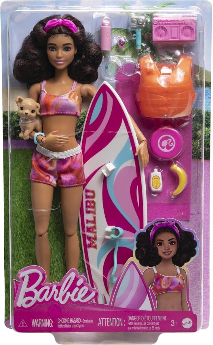Barbie HPL69 Surf Doll Articulated Mannequin Brown Surfboard Puppy Themed Accessories Children's Toy from 3 Years