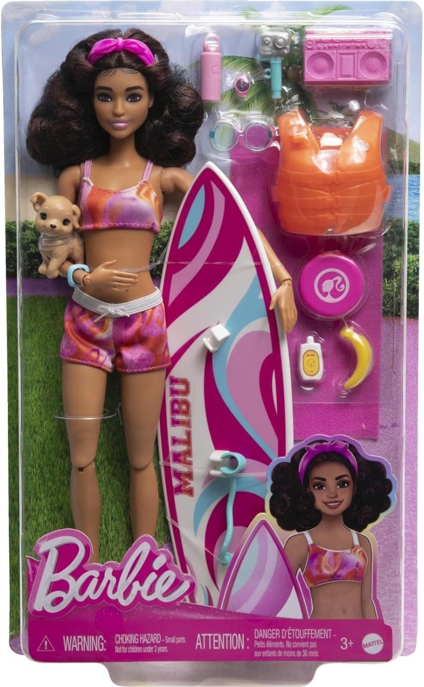 Surfer Doll with Surfboard and Dog, Towel and Radio for Beach Adventures and Storytelling, Clips and Ankle Strap for Realistic Wave Riding, Ages 3 and up, HPL69