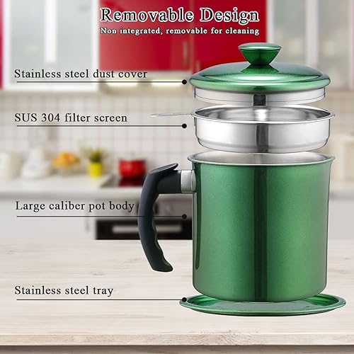 Miniatura 5 de Kyraton Contenedor de grasa de tocino con colador, recipiente de aceite de revestimiento verde brillante de metal de 48 onzas, almacenamiento de