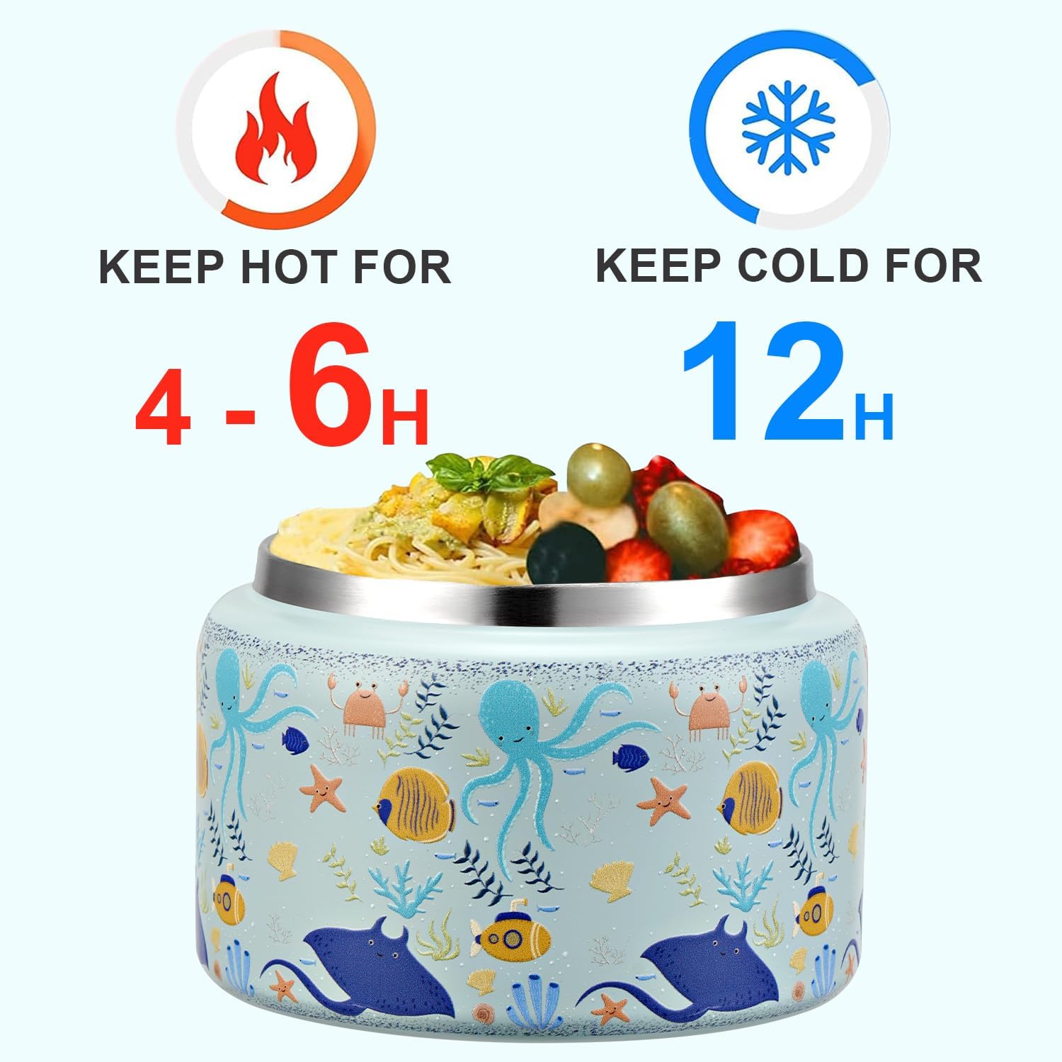 JXXM 8 Oz Thermo Food Jar for Hot & Cold Food for Kids, Insulated Lunch Containers Hot Food Jar,Leak-Proof Vacuum Stainless Steel Wide Mouth Lunch Soup Thermo for School (Blue-Octopus) image 5