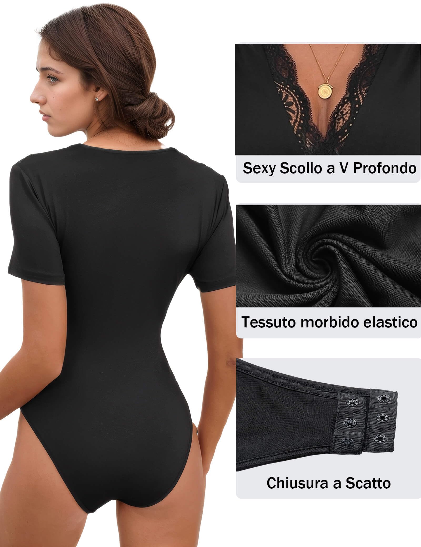 Everbellus Body Sexy in Pizzo da Donna, Scollo a V Profondo, Bodysuit Top, Magliette a Maniche Corte, Abiti Casual di Base