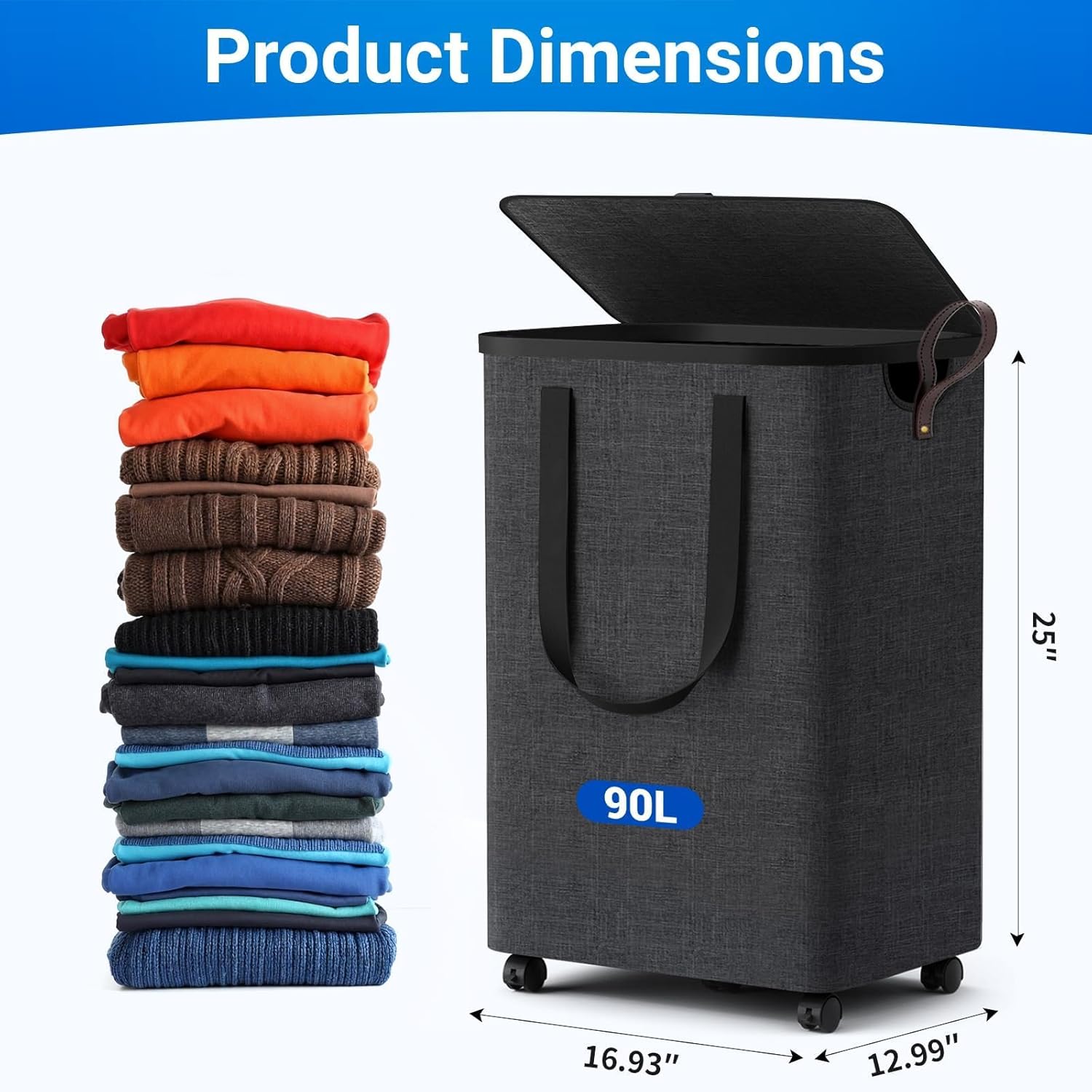 Laundry Basket with 5 Wheels, Tall Dirty Laundry Hamper, Rolling Laundry Basket with Lid, Large 90L Collapsible Clothes Hamper for Laundry Room Bedroom Bathroom Dorm, Dark Gray