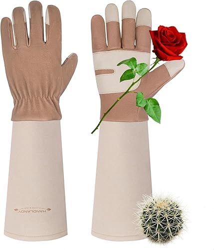 HANDLANDY - Guantes largos de jardinería para hombres y mujeres, guantes de cuero a prueba de espinas, guantes para poda de rosales, guantes de