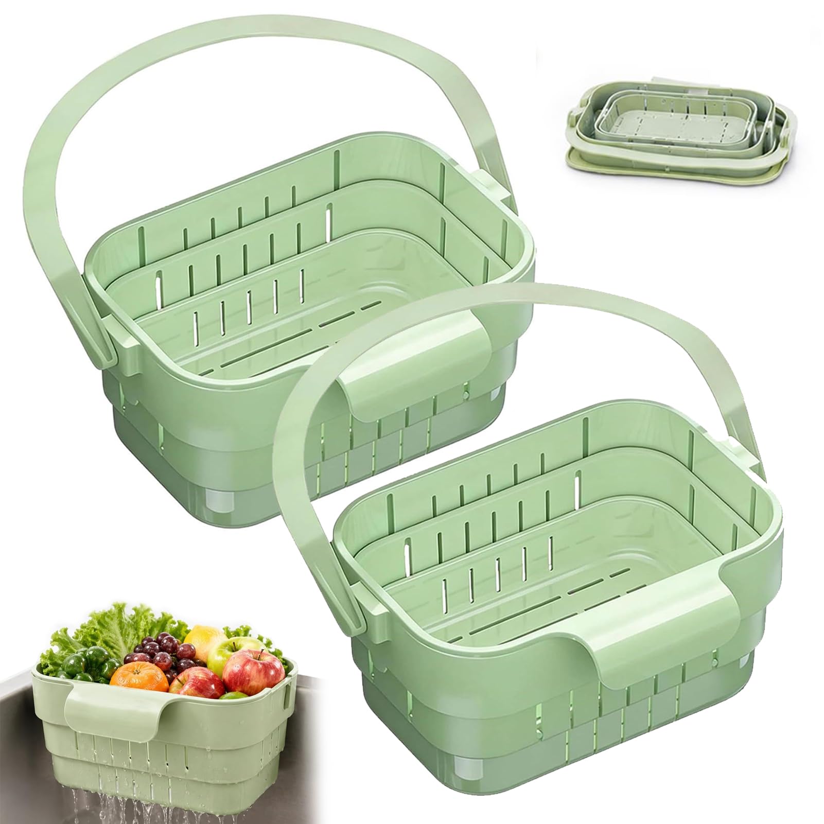 2PCS Collapsible Faucet-Hanging Sink Strainer Basket, Foldable Hanging Sink Drain Basket Stretchable Kitchen Colander, Space Saving Food Strainer Basket with Drainage Holes for Fruit Vegetable (Green)