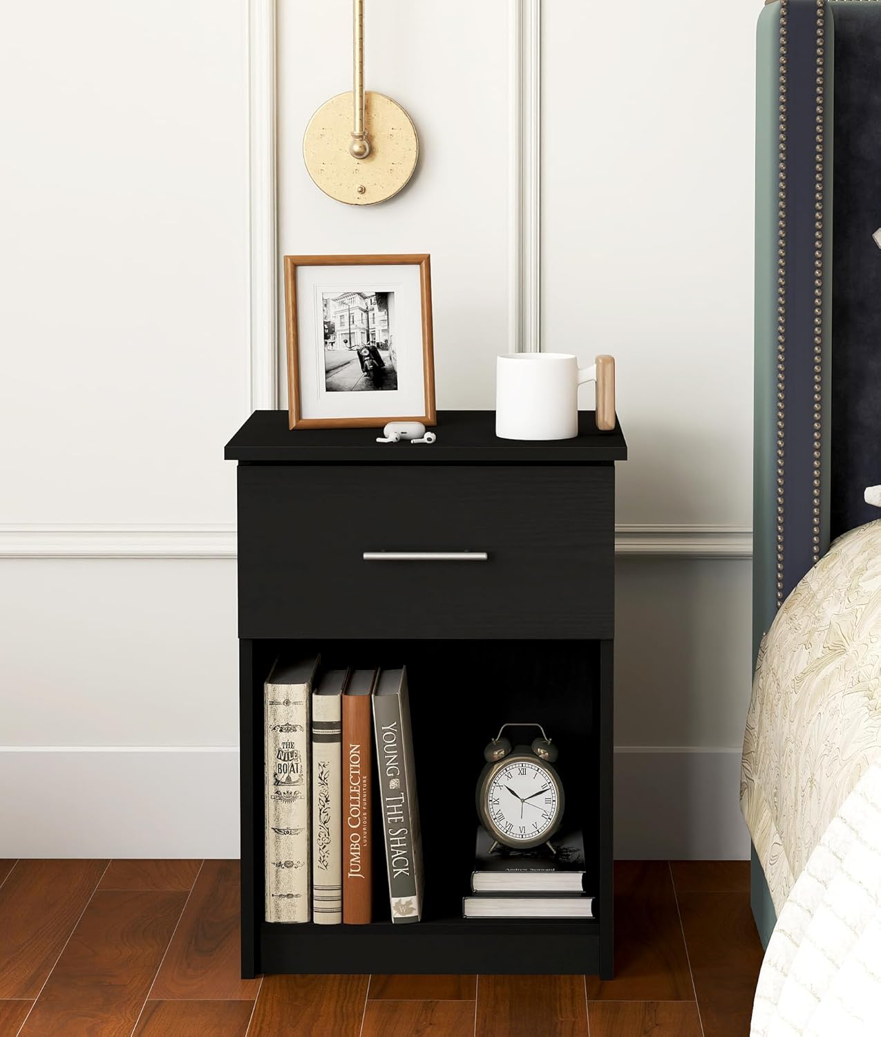 Night Stand Set of 2, Black Bedside Table with Drawer and Cubby Wooden Nightstand for Bedroom Side Tables for Living Room