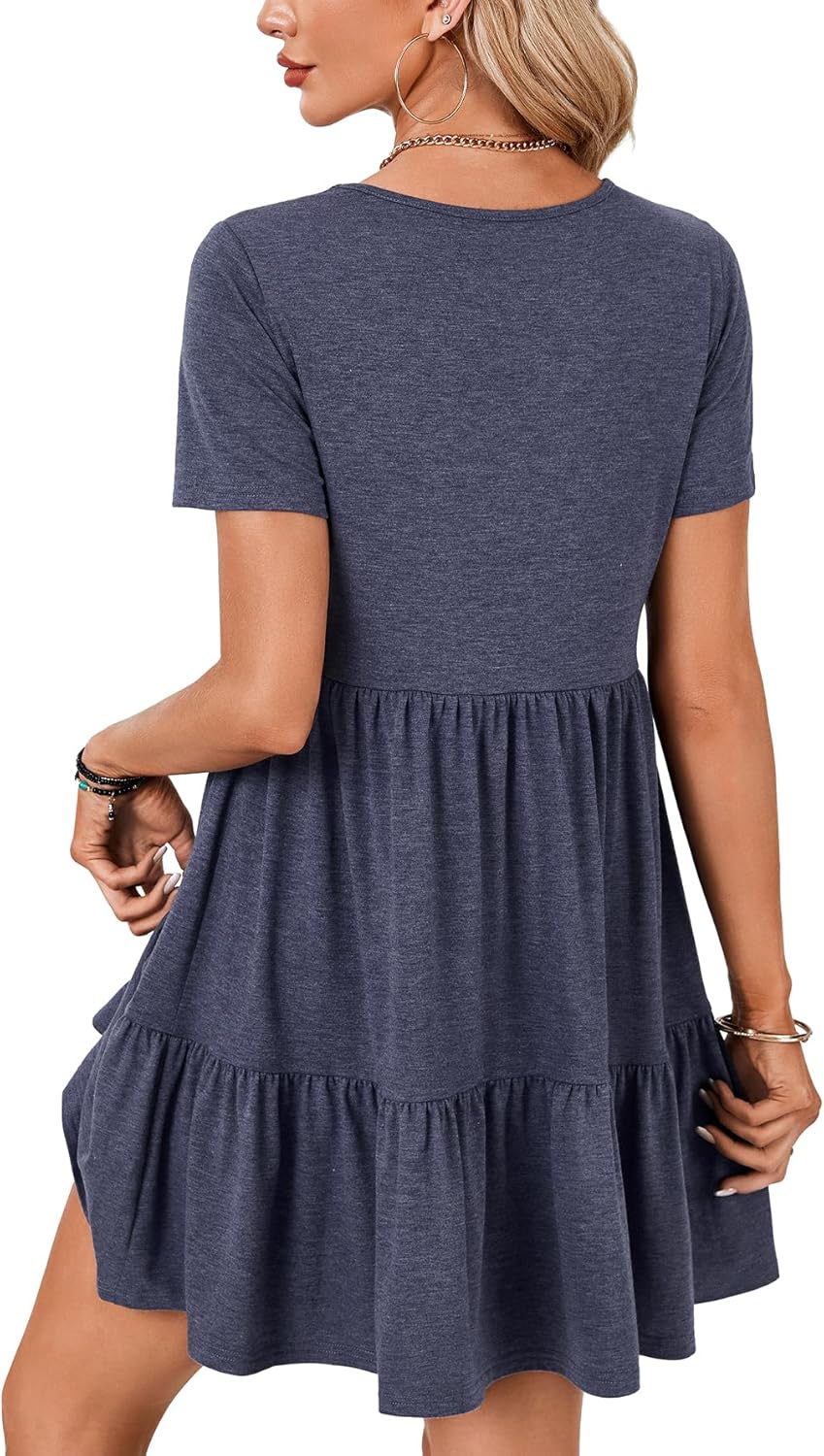 Rooscier Women's V Neck Short Sleeve Ruffle Tiered A Line Swing Casual Mini Dress Sundress - Image 5