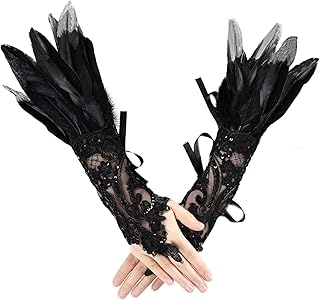Women's Gothic Lace Feather Long Gloves Witch Angel Costume Accessories Swan Wings Wrist Bands Lace Fingerless Gloves