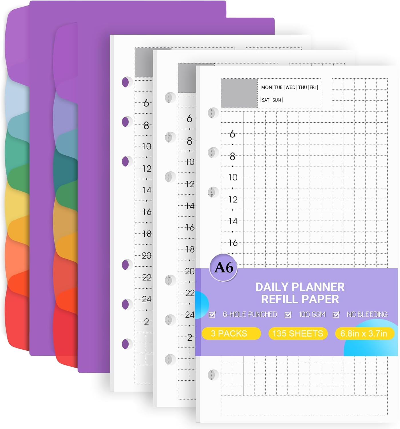 Antner A6 Daily Planner Refill Paper 6 Hole Planner Inserts for A6 6-Ring Refillable Binder, 135 Sheets/270 Pages Undated Day Loose Leaf Filler Paper with 12 PCS Binder Dividers for Daily Schedule