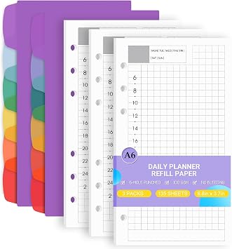 A6 Daily Planner Refill Paper 6 Hole Planner Inserts for A6 6-Ring Refillable Binder, 135 Sheets/270 Pages Undated Day Loose Leaf Filler Paper with 12 PCS Binder Dividers for Daily Schedule