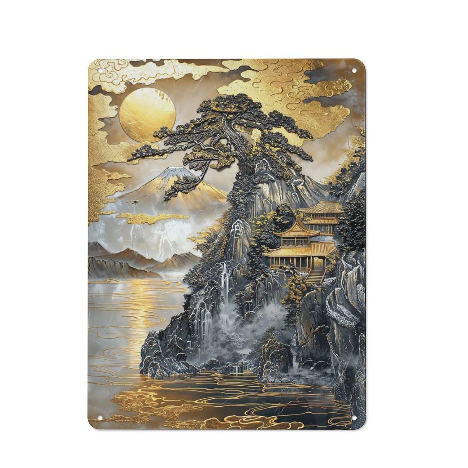 Junmoney Style-22 Tin Sign With Mountaintop Monastery Design 40X30cm, Creative Creative Space Decor For Home Office, Reading Corner Or Bedroom