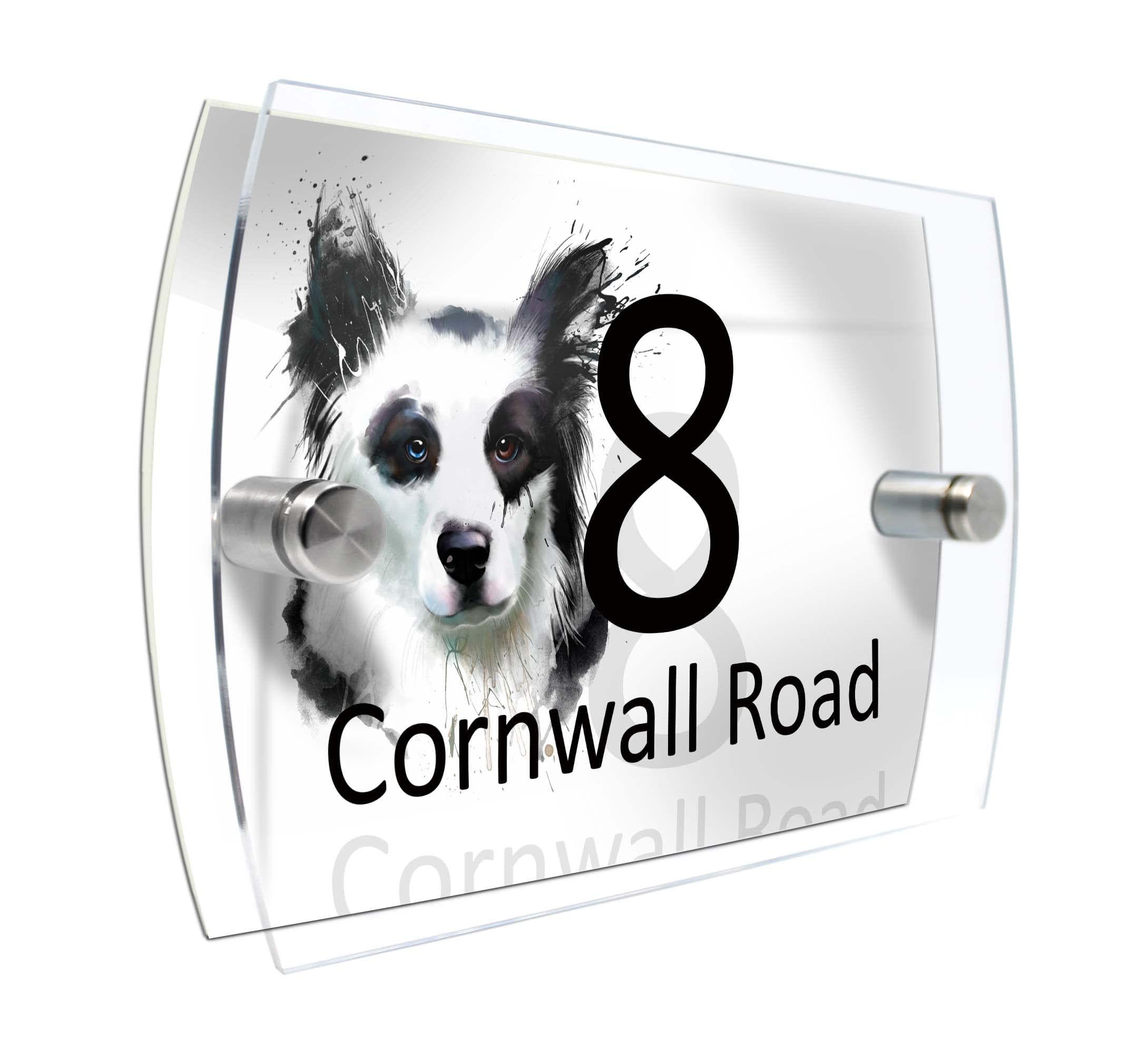 House Number Plaque Sign Door Road Plate for Dog Lovers Personalised Watercolour Print (D412 border collie 4)