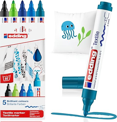 edding Marcador textil 4500 - negro, 3x azul, verde - 5 bolígrafos - punta redonda de 0.079-0.118 in - marcadores permanentes de tela para dibujar
