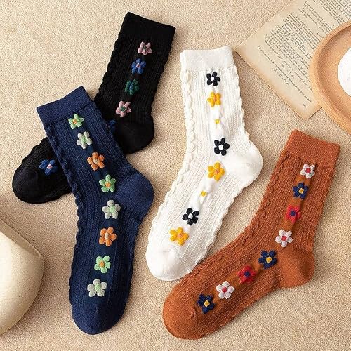 Egen 3 Or 5 Pairs Women Socks, Floral & Cartoon & Print Graphic Lightweight Cotton Socks (5 Pairs Flora Graphic) #TOP1