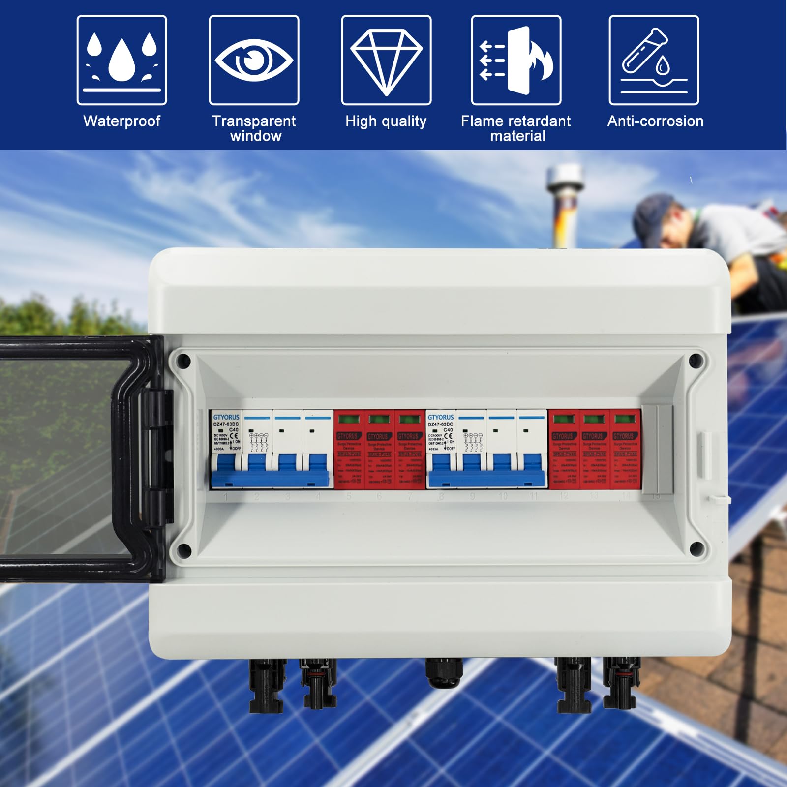Caja de Conexiones Solar Fotovoltaica, IP65 Fotovoltaica DC Protección Contra Sobretensiones, Interruptor Automático Fotovoltaico 2 Cadena DC 1000V con Enchufe Solar(2 en 2 fuera, 40A)