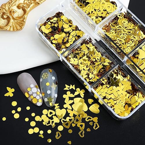 Miniatura 4 de 6 rejillas de lentejuelas con purpurina de corazón 3D para el día de San Valentín, calcomanías de arte de uñas de mariposa doradas, lentejuelas