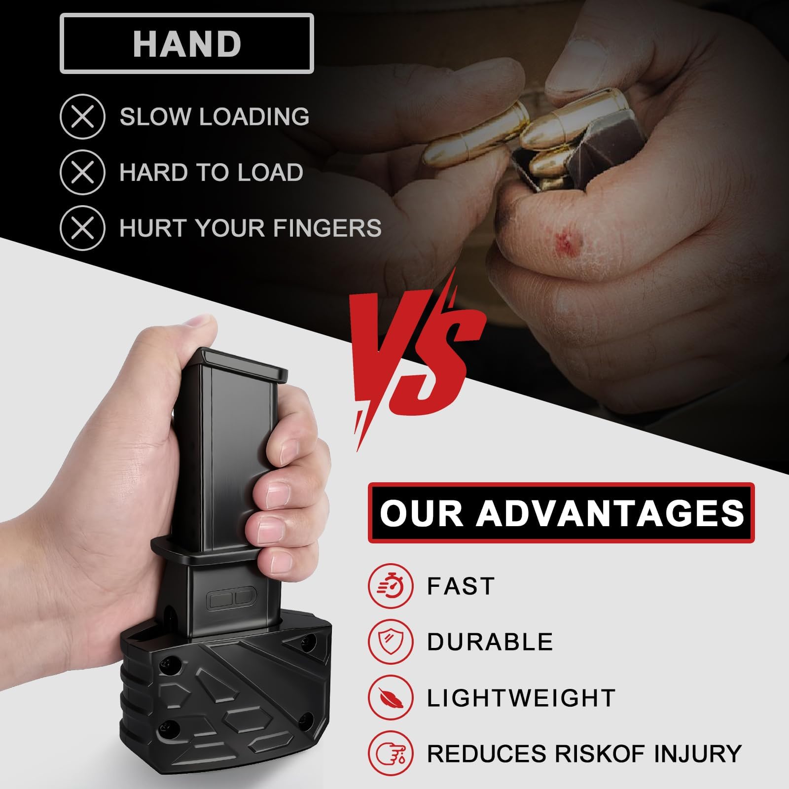 Naerza Magazine Speed Loader for Glock 9mm/.40 S&W - Fits Glock 17/18/19/22/23/24/26/27/34/35/45/47 - Fast Loading/Pain-Free & Portable (Classic) (Black)