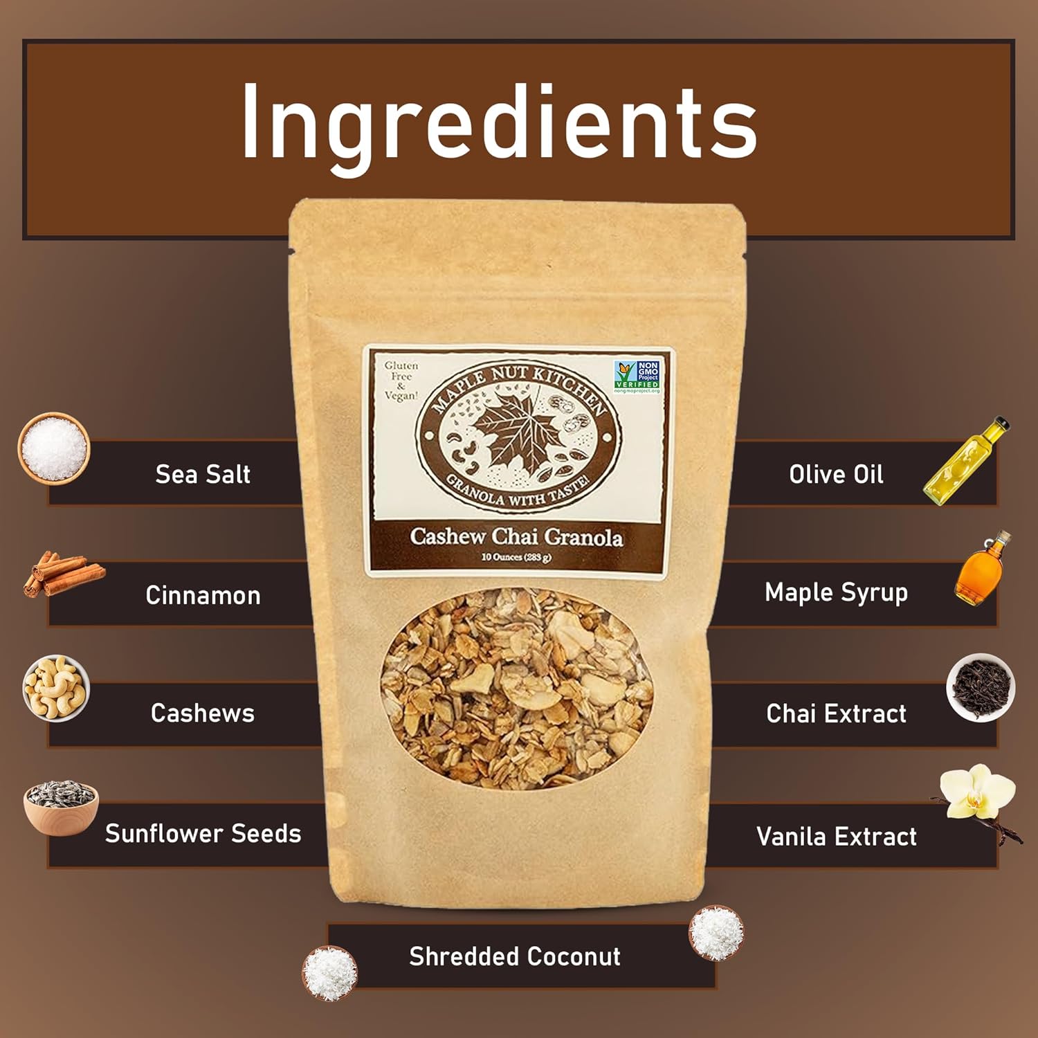 Maple Nut Kitchen Gluten Free Chai Granola with Cashews 3 Pack – Certified Gluten Free Oats, Shredded Coconut, Sunflower Seeds, Maple Syrup – Healthy Low Sugar Breakfast Cereal, Crunchy Natural Granola