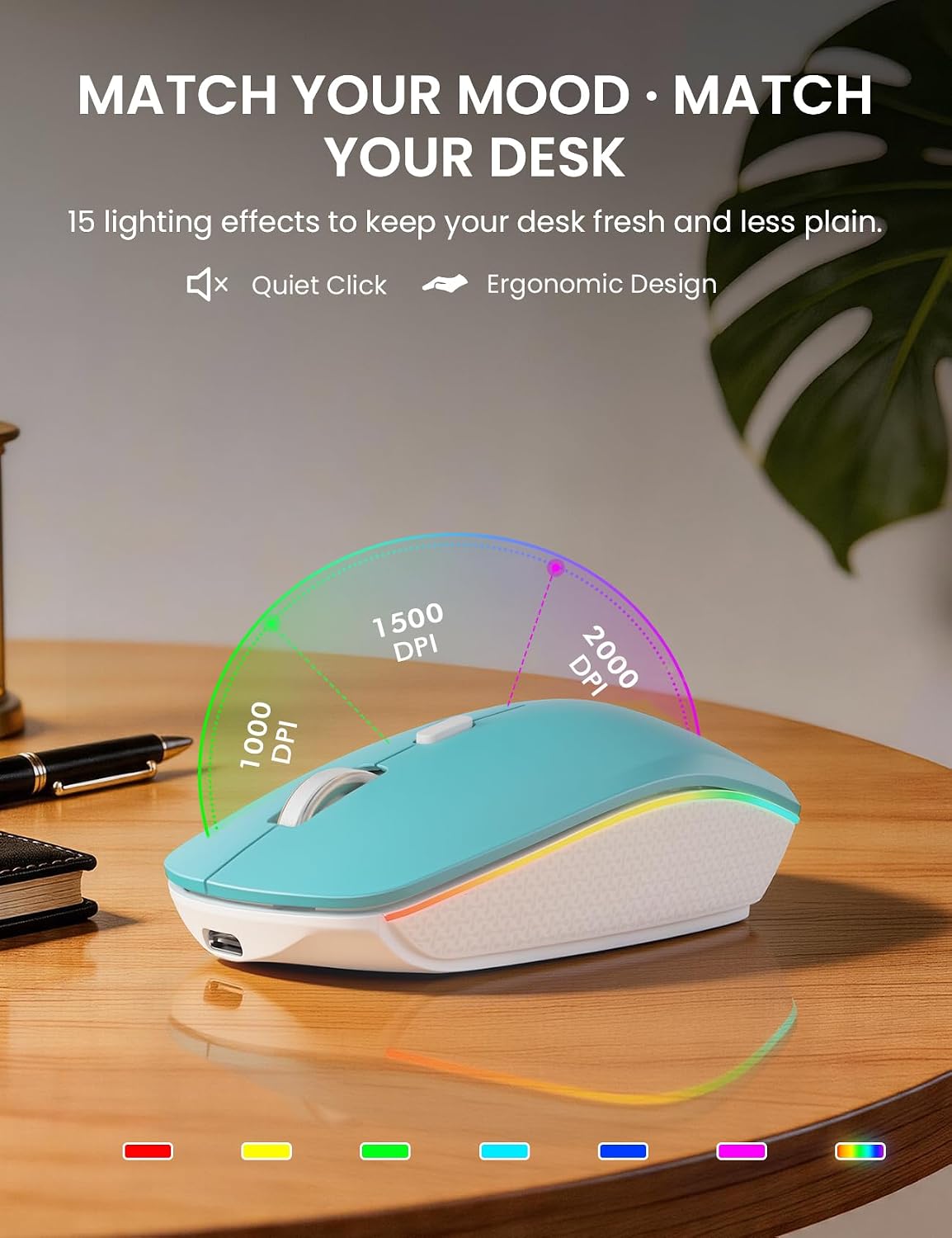 Image of the mouse displaying various RGB lighting effects and indicating 1000, 1500, and 2000 DPI settings.
