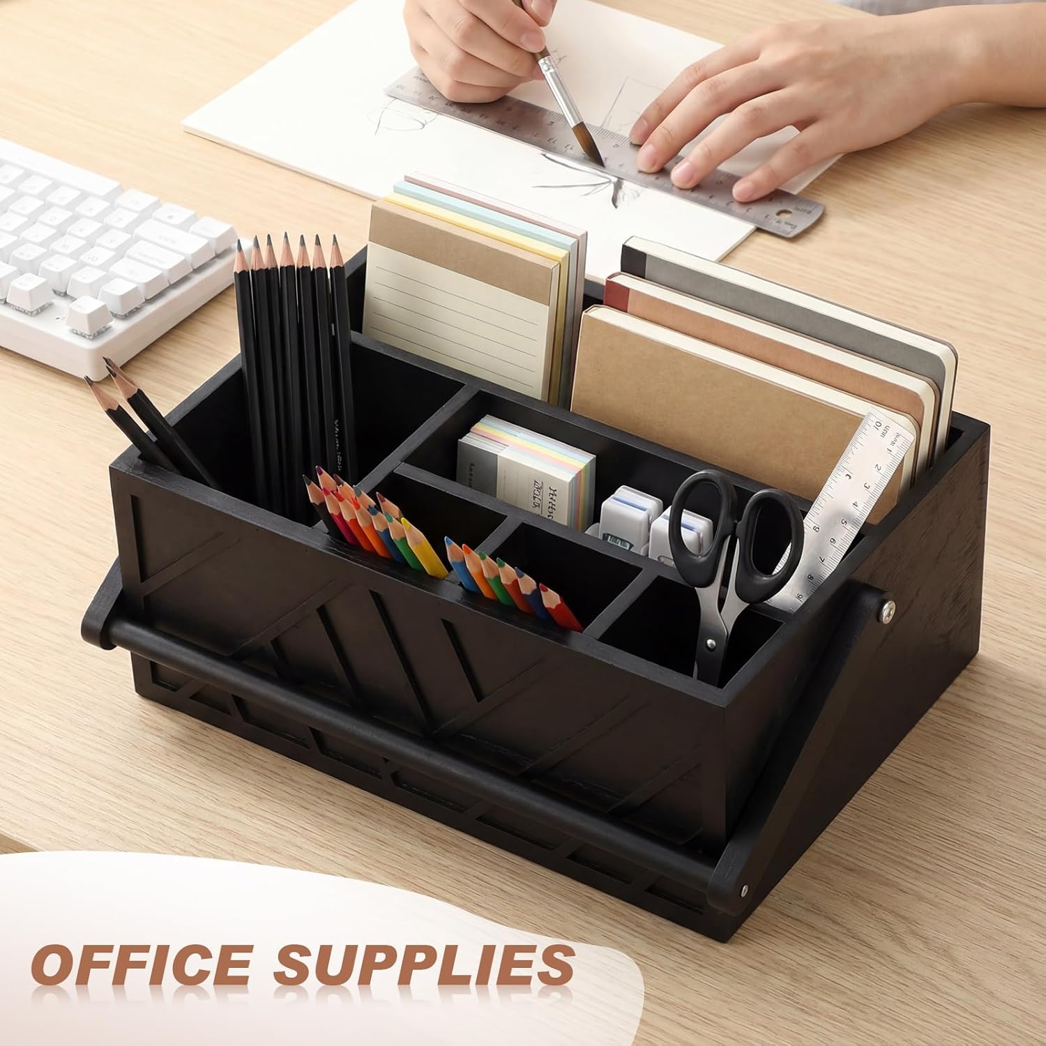 LemonRoad 13 Inch Rustic Silverware Caddy with Handle Wooden Flatware Utensil Holder Paper Plate and Silverware Caddy Organizer Cutlery Holder for Kitchen Countertop Picnic Cups Forks Napkins(Black)