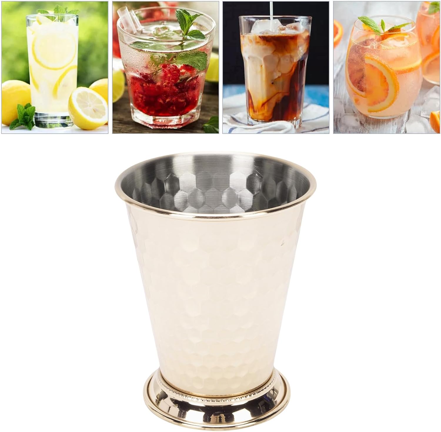 Agatige Mint Julep Cups, 400ml Hammered 304 Stainless Steel Silver Cocktail Cup Bar Accessories for Beer Juice Beverage Party Bar Home Restaurant (Gold)