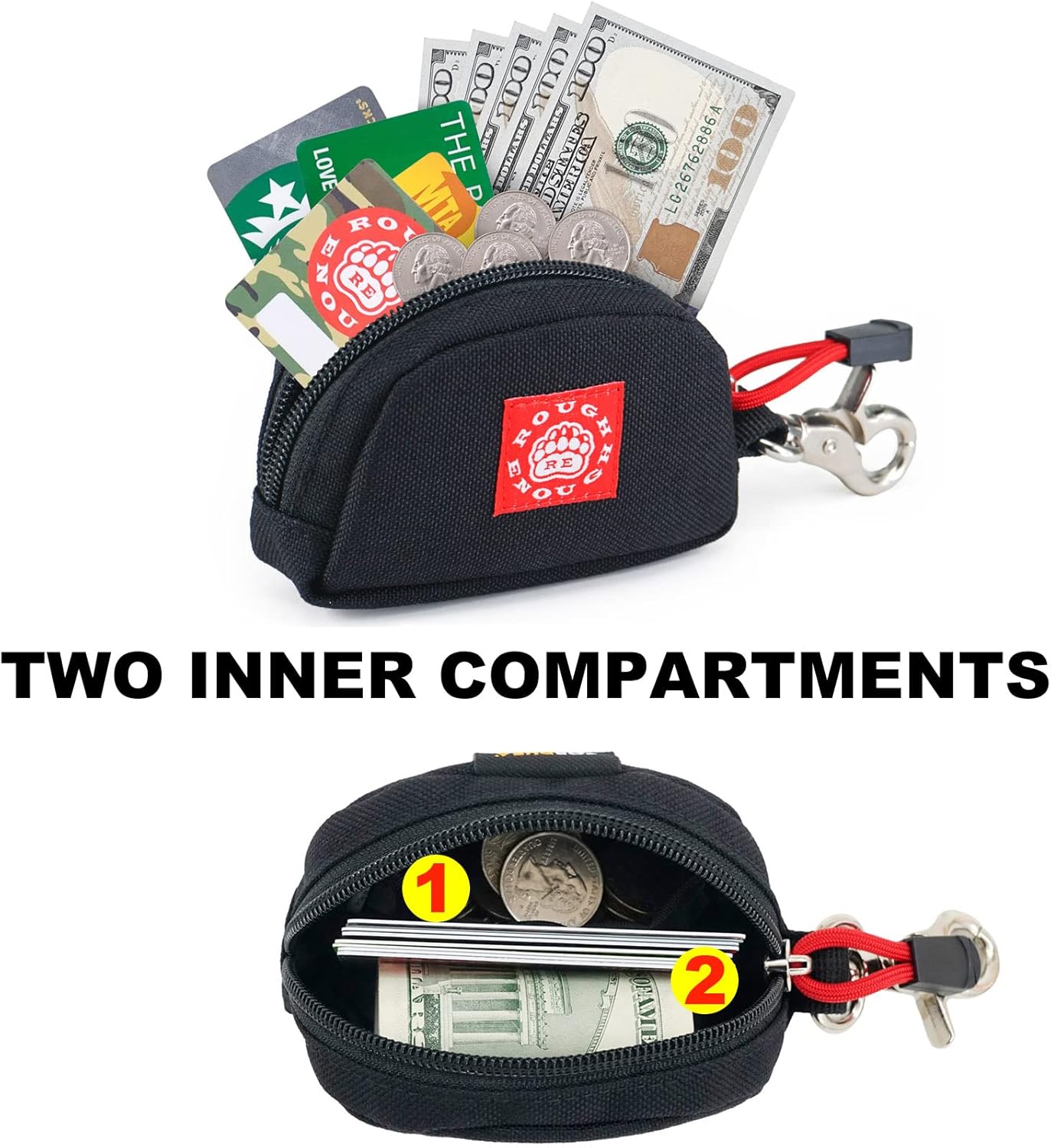 Rough Enough Small Coin Purse Pouch for Men with Keychain Lanyard Black Cordura Pouch Bundle Set
