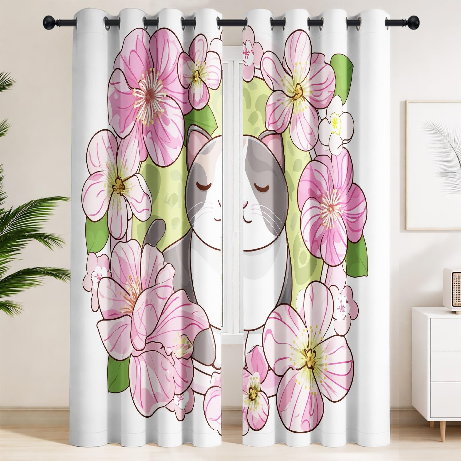 Zasłony zaciemniające do wnętrz (zestaw 2 sztuk) - różowy i zielony kwiat kot z pierścieniami | Zasłony zaciemniające 150 x 200 cm jasny styl, niewinny, wesoły, zabawny do pokoju dziecięcego