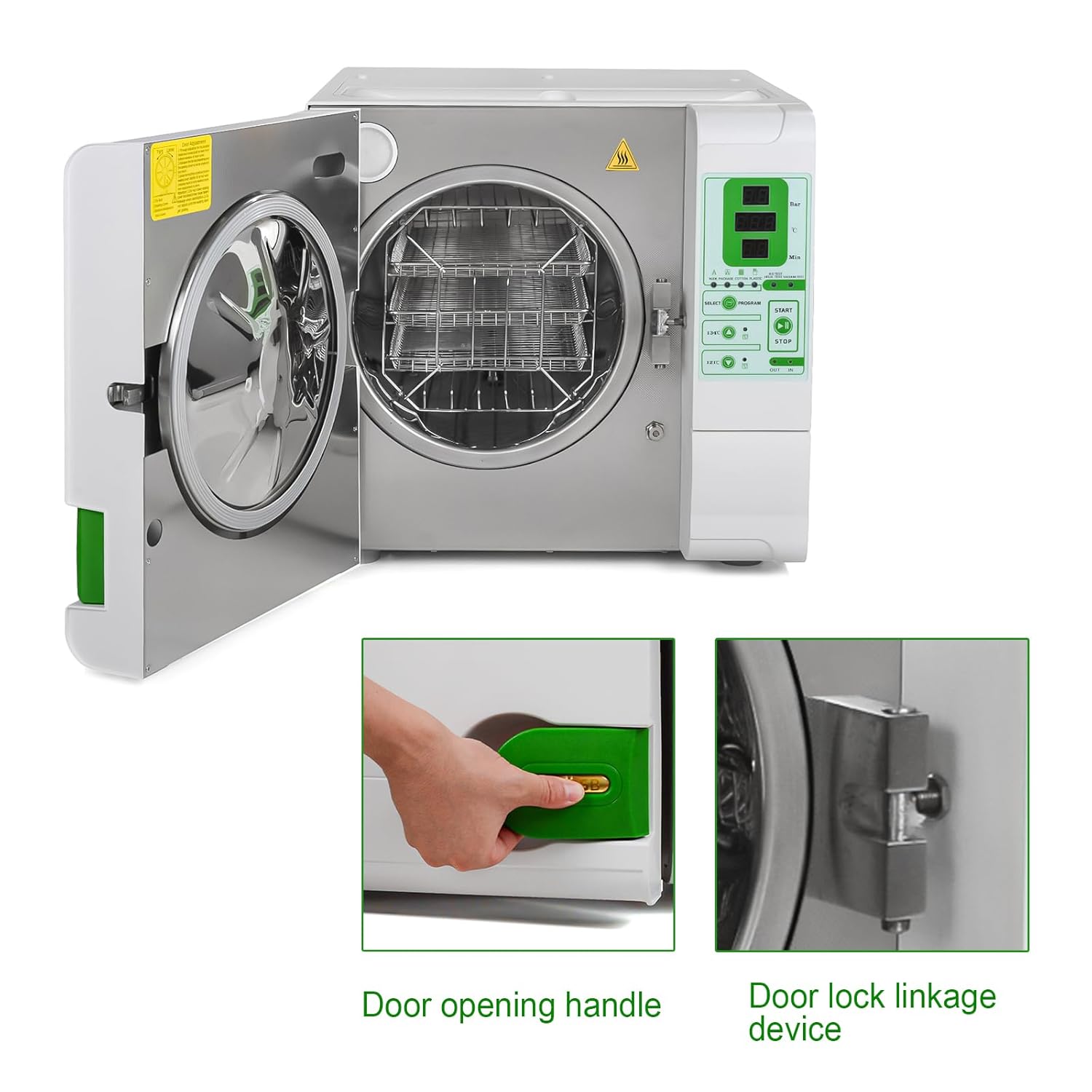 Full-Automatic Class B Sterilizer Autoclave Control Instruments 3 Times Pre-Vacuum with Printer,3 Trays and Rapid Dry Function for Instruments Green Color 18L (4.75Gal)