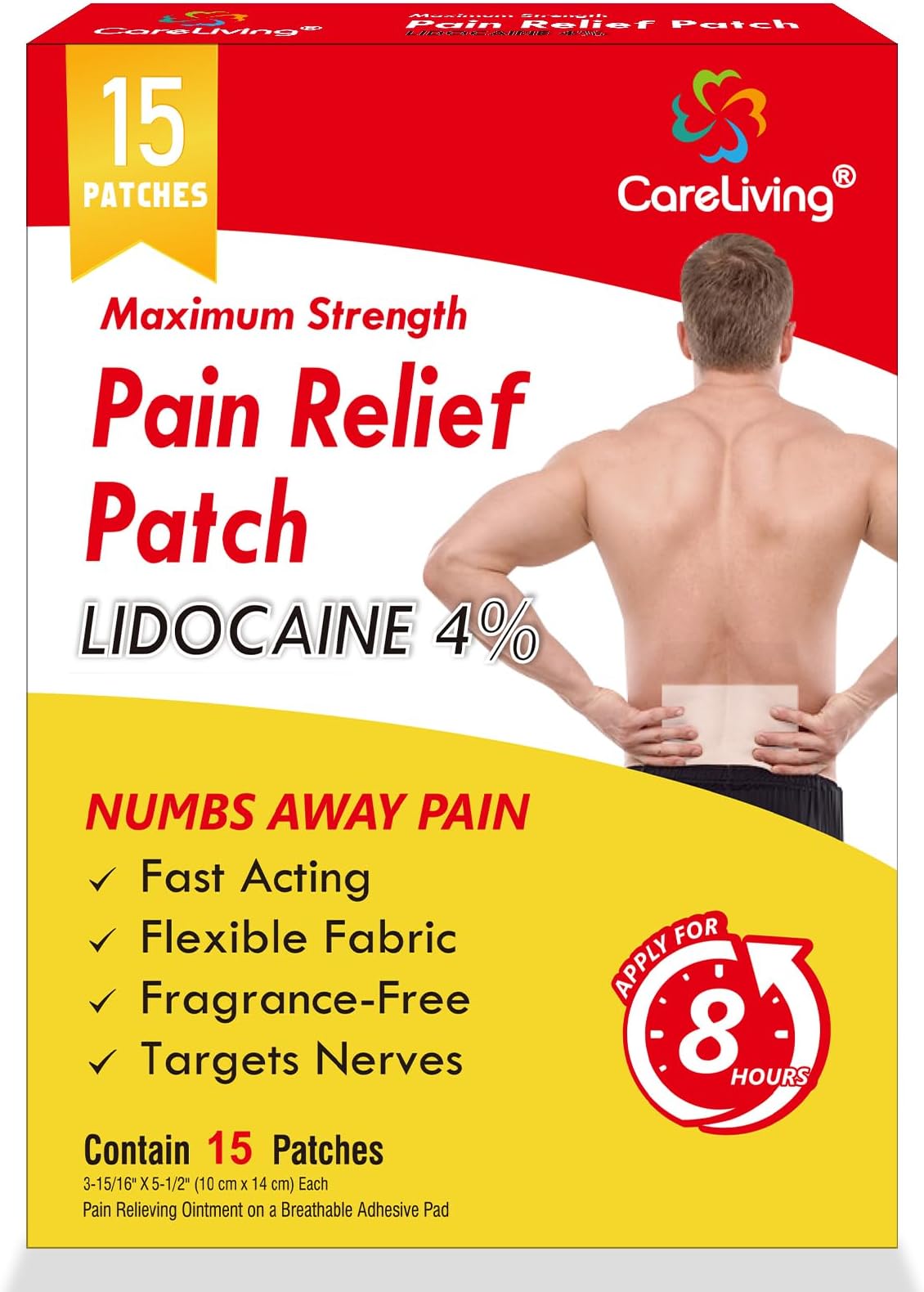 CARELIVING 4% Lidocaine Pain Relief Patch, 15 Count, 3.9” x 5.5”, Maximum Strength Gel Patches for Back Knee Neck Joint Ache Muscle Soreness, Portable Heating Pad, Multi-Purpose Heat Wraps