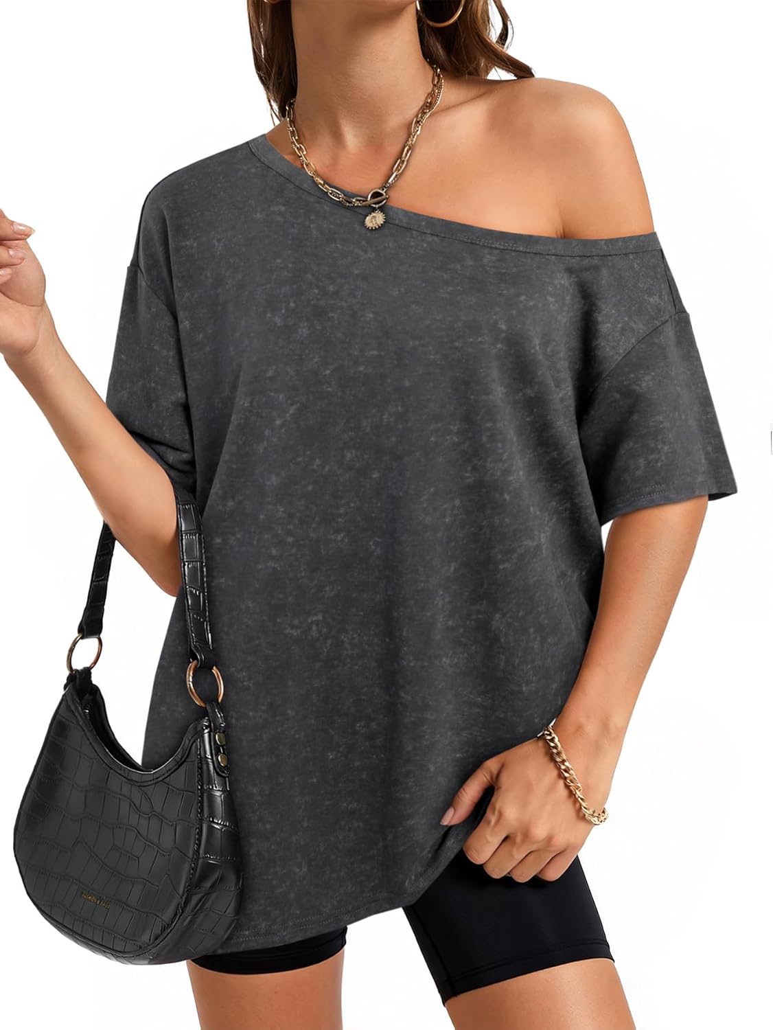 Hilinker Women Off The Shoulder Tops Oversized Vintage Short Sleeve Casual Summer T Shirts - Image 3