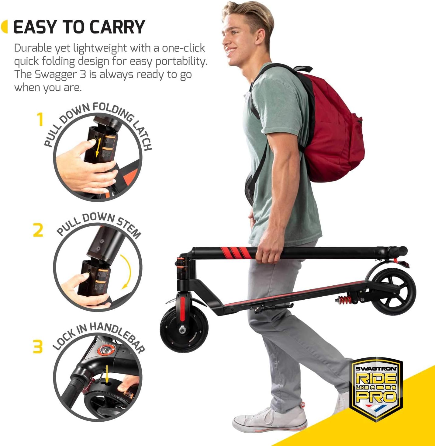 Swagger Pro Foldable Electric Scooter w/ Cruise Control, 14.2-Mile Range, Rear Suspension and 15.5 mph Max Speed (SG-3)