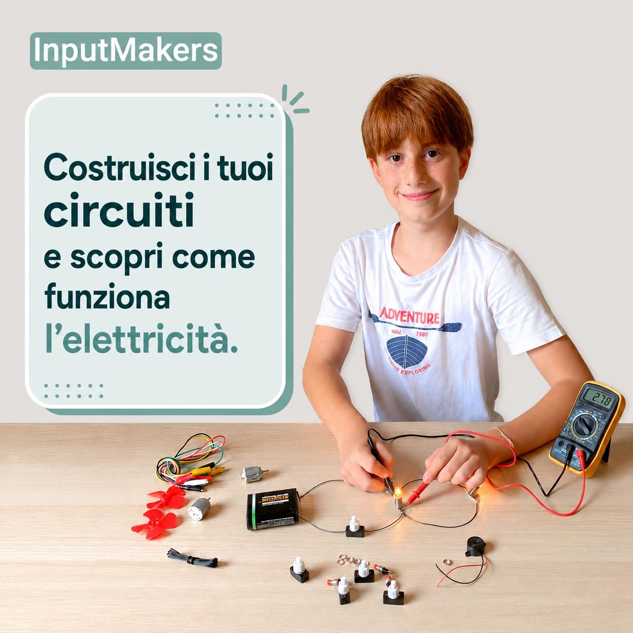 Kit elettrico scolastico avanzato con multimetro digitale, kit circuito elettrico scuola media, circuiti elettrici, kit elettronica, scuola e casa