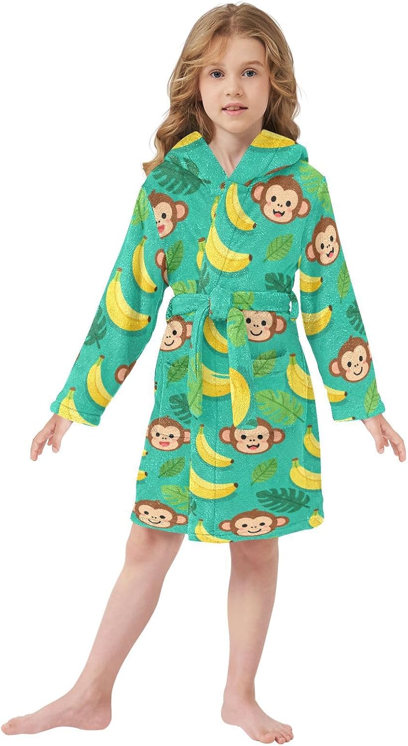 GuoChe Turquoise Background Monkey and Banana Pattern Hooded Pajama Robe For Girls