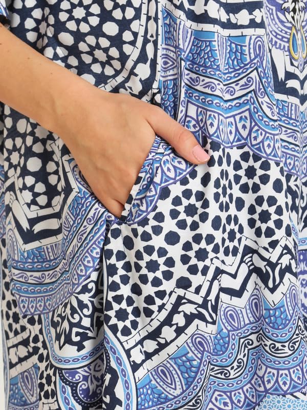 Image of Miss Lavish London Kaftan for Women Dress V Neck Summer Swimsuit Cover Up Blue Caftan Maxi Beach Dress, Plus Size African Kaftan with Batwing Sleeves, Side Slit & Pockets on Both Sides-Blue-2XL