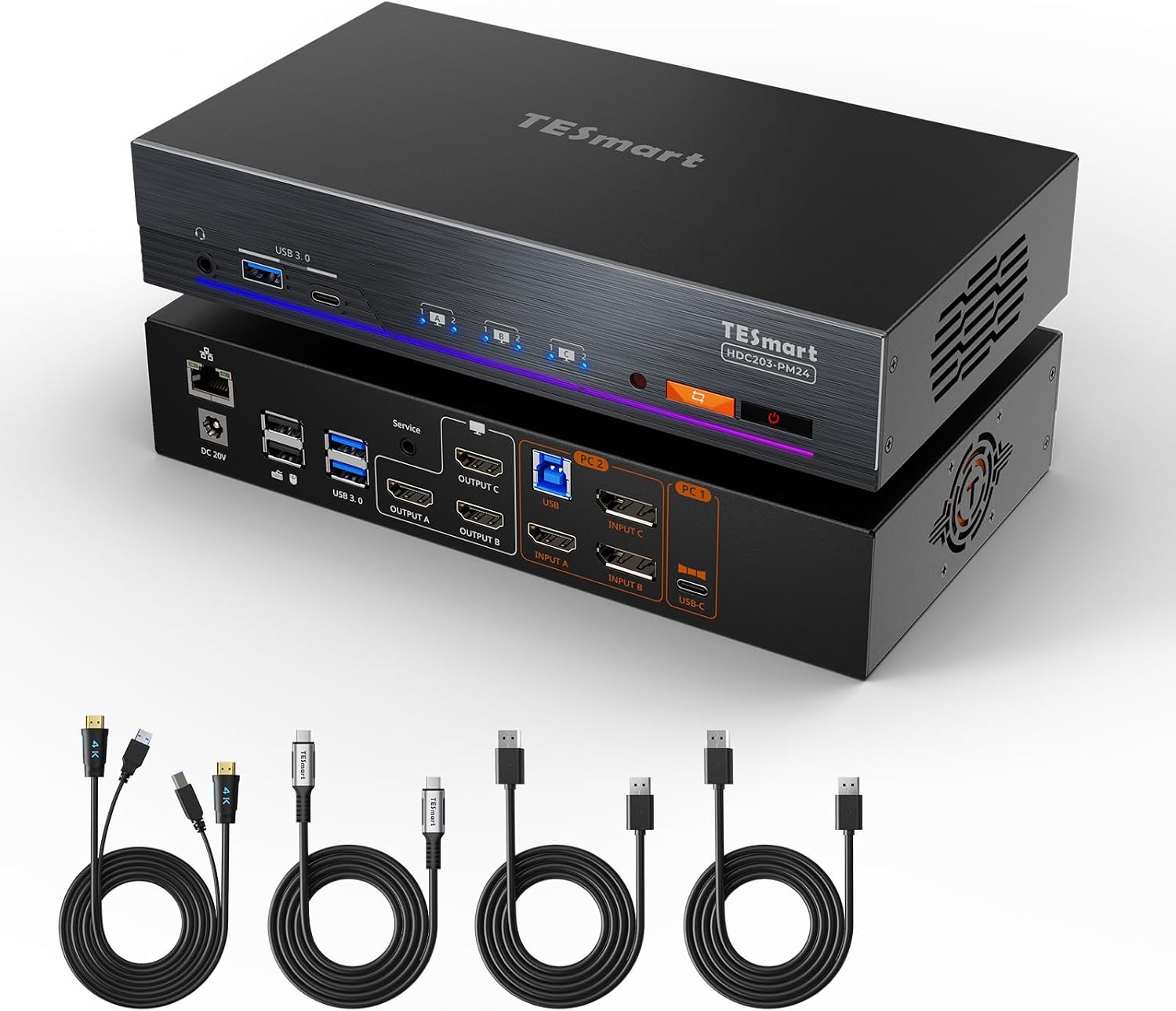 (DisplayLink MacBook) TESmart 4K@60Hz KVM Switch 3 Monitors for 1 MacBook & 1 Desktop, MST&EDID Triple Monitor KVM USB-C 100W PD, Gigabit LAN, USB 3.0, Button&Hotkey Switch, Include All Input Cables