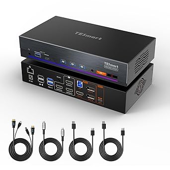DisplayLink MacBook TESmart 4K@60Hz KVM Switch 3 Monitors for 1 MacBook & 1 Desktop, MST&EDID Triple Monitor KVM USB-C 100W PD, Gigabit LAN, USB 3.0, Button&Hotkey Switch, Include All Input Cables
