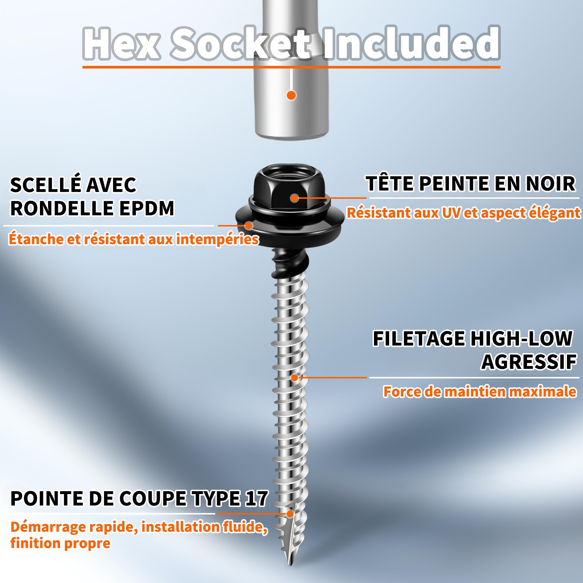 60 Pezzi Viti per Coperture 4,8 x 32 mm con Bit, Testa Esagonale Verniciata Nera, Rondella EPDM, Filettatura Alta-bassa, Punta Type 17, Viti Autofilettanti per Legno e Lamiera – TPOHH