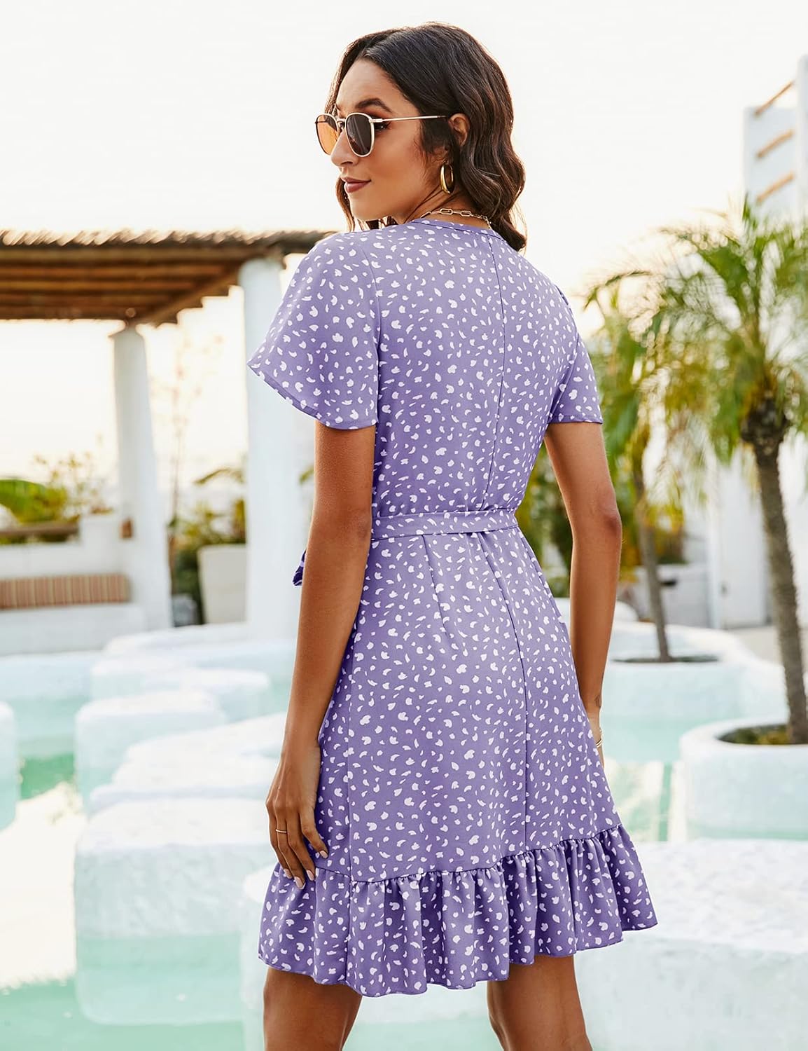 Naggoo Women's Summer Wrap Dresses V Neck Polka Dot Print Ruffle Short Sleeve Mini Floral Boho Dress with Belt - Image 2