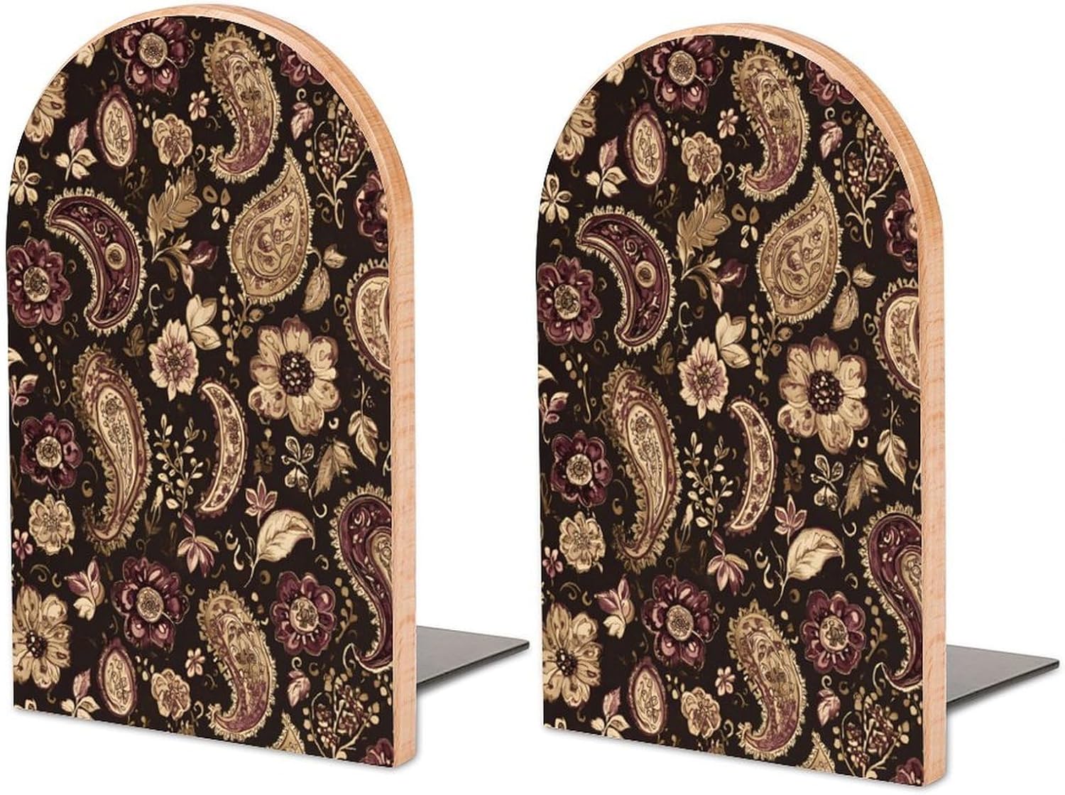 Paisley Flowers Pattern Cute Wood Book Ends Decorative Bookends 1 Pair Non-Skid for Shelves Home Office 7 X 5 Inch