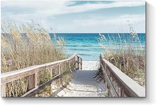 TAR TAR STUDIO Beach Pathway Canvas Wall Art: Seascape Painting Seaside Fence Artwork Picture Print for Living Room (45''W x 30''H, Multiple Sizes)