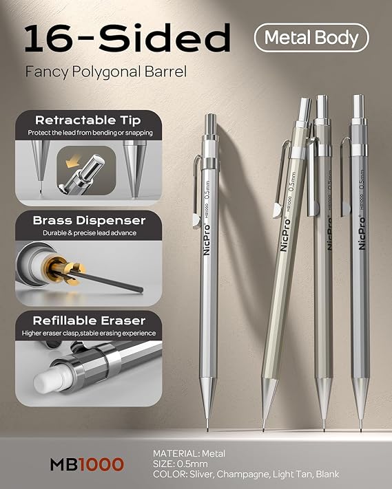 Nicpro 4 Pack Mechanical Pencil 0.5 mm with Case, MB1000 Metal Mechanical Pencil Set with 6 Tube HB #2 Lead Refill 0.5mm, 3PCS 4B Eraser, 9 Cap Eraser for Artist Drafting Writing, Sketching, Drawing
