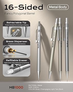 Nicpro 4 Pack Mechanical Pencil 0.5 mm with Case, MB1000 Metal Mechanical Pencil Set with 6 Tube HB #2 Lead Refill 0.5mm, 3PCS 4B Eraser, 9 Cap Eraser for Artist Drafting Writing, Sketching, Drawing
