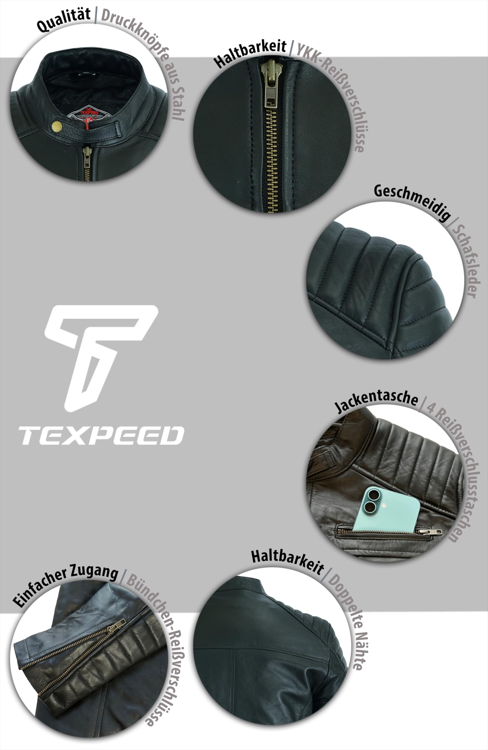Texpeed Lederjacke herren schaffell echtleder - Lässige motorrad bikerstil jacke mantel - 4 Farben - Schwarz - Braun - Marine - Rot