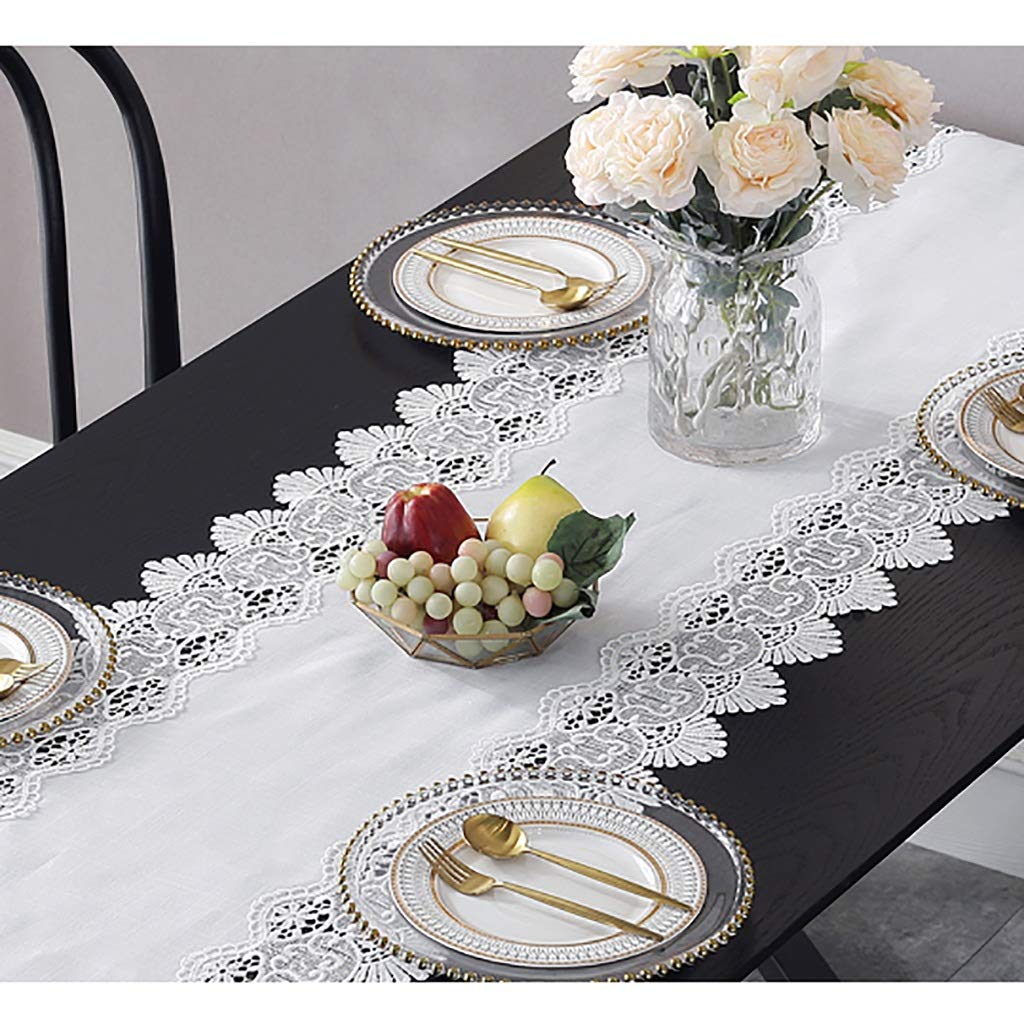Elegant und luxuriös Gestickte Spitze Braun- weiße Spitze Leinengewebe Tischläufer Overlay Gestickte Blumenspitze Stoff Tischläufer (Blanc,50 * 240cm)