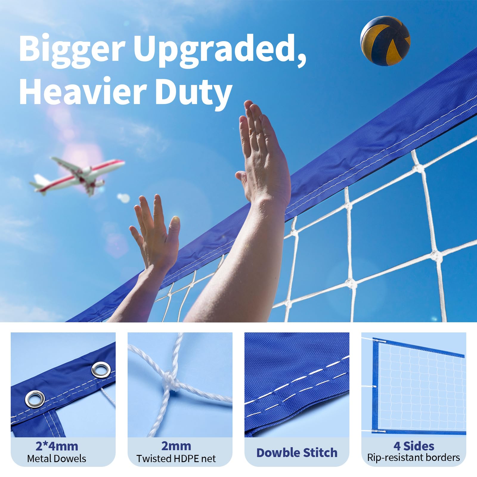 Professional Volleyball Net Outdoor Heavy Duty, All Weather Enhanced, Extended Stainless Steel Cable, Extra Thick Borders, for Backyard Beach Pool Indoor Outdoor- Regulation 32x3FT (Net Only)