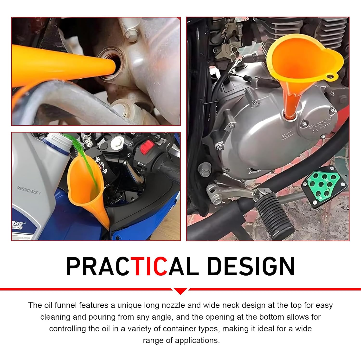 2 PCS Long Neck Oil Funnels, 2 Sizes Hand-Free Filler Funnel, Wide Mouth Spill Saver Fueling Tool with Hanging Hole, Universal Water Engine Oil Lube Fuel Filling Tool for Car Motorcycle (Red)