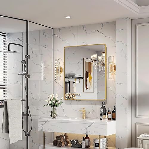 Miniatura 2 de Wanzvisk Espejos con marco dorado para baño, espejo rectangular de 40 x 32 pulgadas para pared, espejo de tocador dorado mate con vidrio templado,