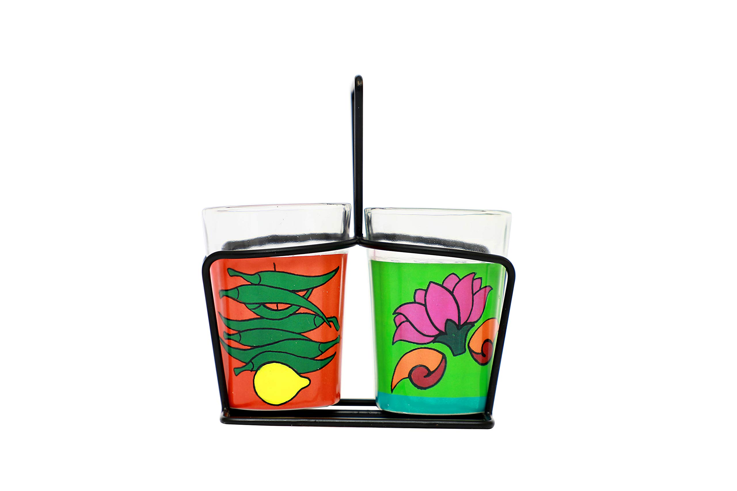 TopsyTurvy Lotus Flowers and Nimbu Mirchi Theme Hand Painted Traditional Tapri Tea Glasses with Iron Container Stand Holder (Set of 2, 90ml)